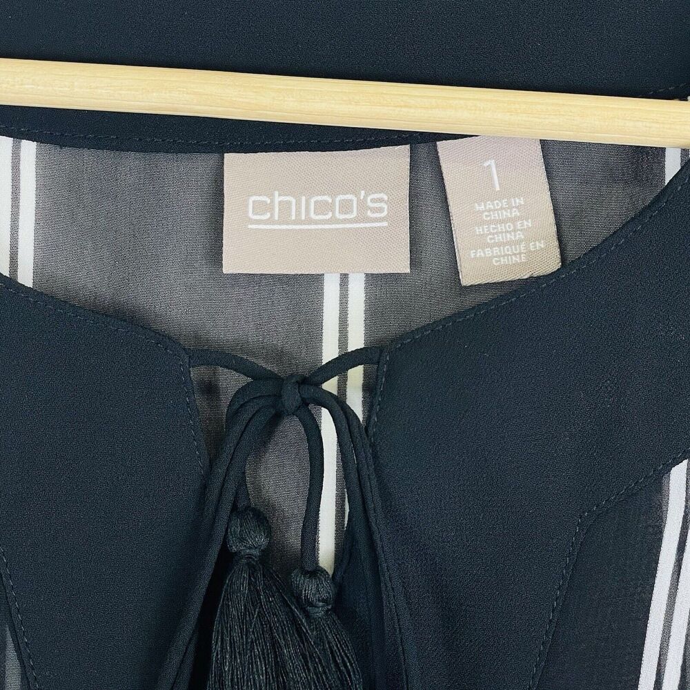 Chico's Top Womens 1 Medium 8 Black White Stripe Nautical Preppy Sheer Old Money - Picture 4 of 14